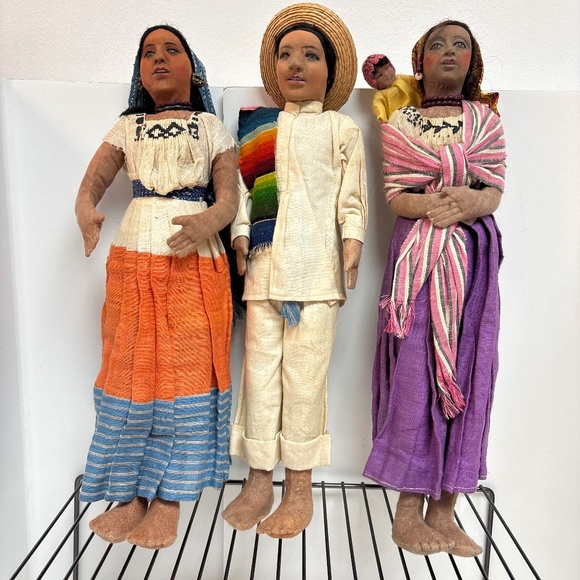3 Vintage Mexican Folk Art Dolls Mid Century Cloth and  Glass Eyes - Picture 1 of 6